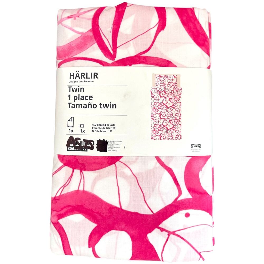 IKEA HARLIR Bright Pink Floral Pattern Twin Duvet Cover & Pillowcase